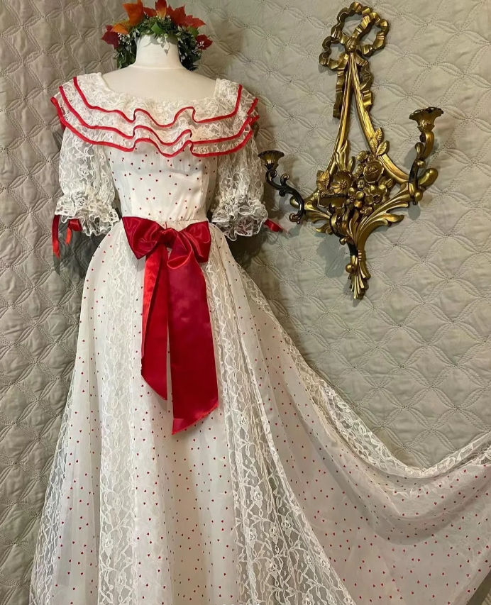 Retro White And Red Color-Blocked Ruffled Collar Polka Dot Bow Lace A-Line Long Prom Dress Evening Dress