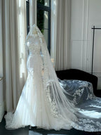 Retro White Mermaid Off-The-Shoulder Herringbone Lace Tulle Wedding Dress With Train