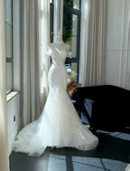 Retro White Mermaid Off-The-Shoulder Herringbone Lace Tulle Wedding Dress With Train