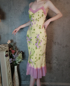 Retro Yellow-Based Purple Floral Mermaid Spaghetti Strap V-Neck Chiffon Prom Dress Evening Dress