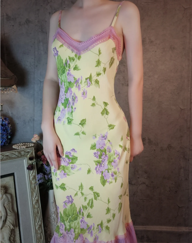 Retro Yellow-Based Purple Floral Mermaid Spaghetti Strap V-Neck Chiffon Prom Dress Evening Dress
