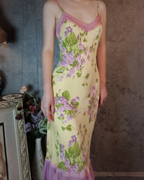 Retro Yellow-Based Purple Floral Mermaid Spaghetti Strap V-Neck Chiffon Prom Dress Evening Dress