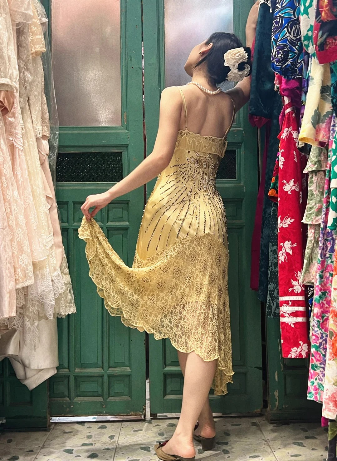 Retro Yellow Irregular Deep V Halter Lace Satin Prom Dress Evening Dress