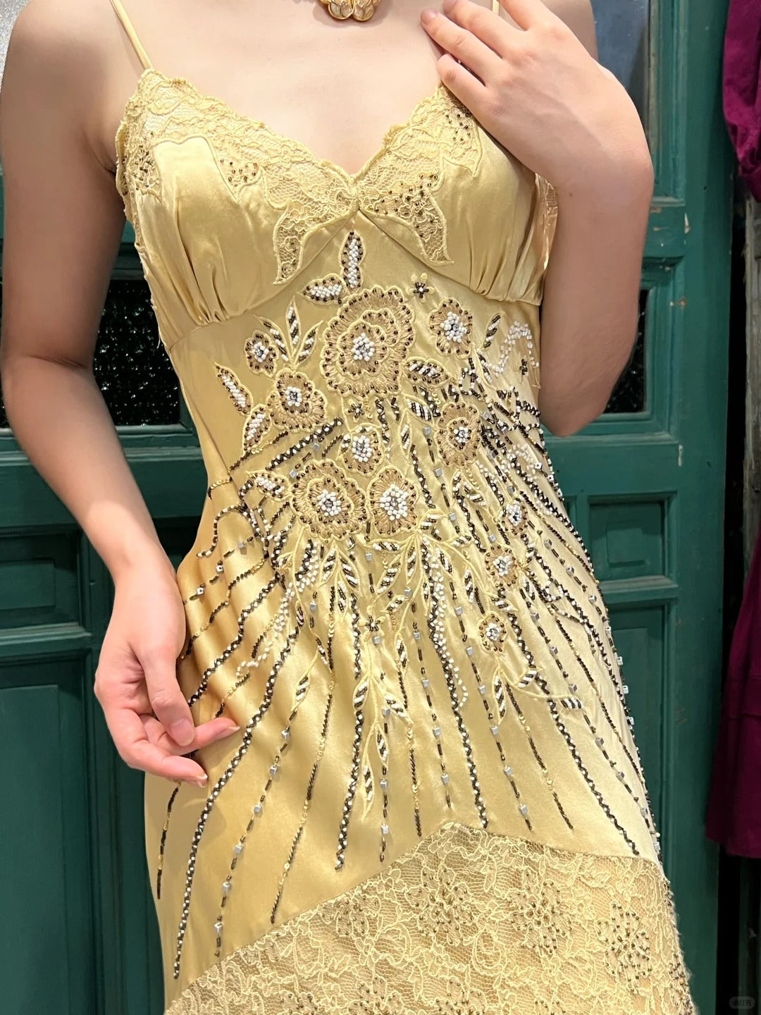 Retro Yellow Irregular Deep V Halter Lace Satin Prom Dress Evening Dress