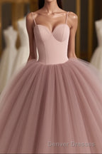 Dusty Rose A-Line Tulle Floor Length Spaghetti Straps Sweetheart Evening Party Dress Prom Dress