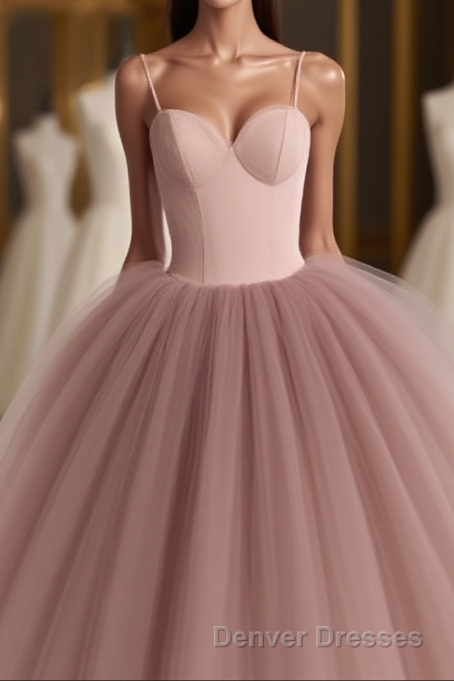 Dusty Rose A-Line Tulle Floor Length Spaghetti Straps Sweetheart Evening Party Dress Prom Dress