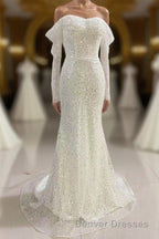 Ivory Mermaid Sequined Prom Dress with Long Sleeves, Sparkly Long Party Dress