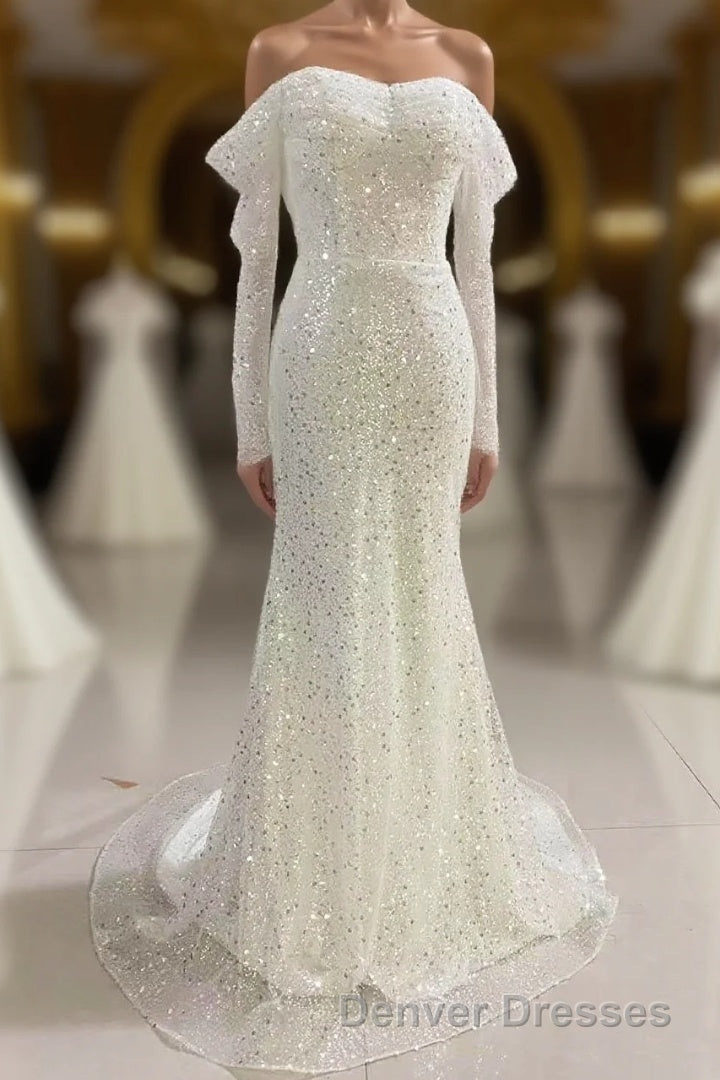 Ivory Mermaid Sequined Prom Dress with Long Sleeves, Sparkly Long Party Dress