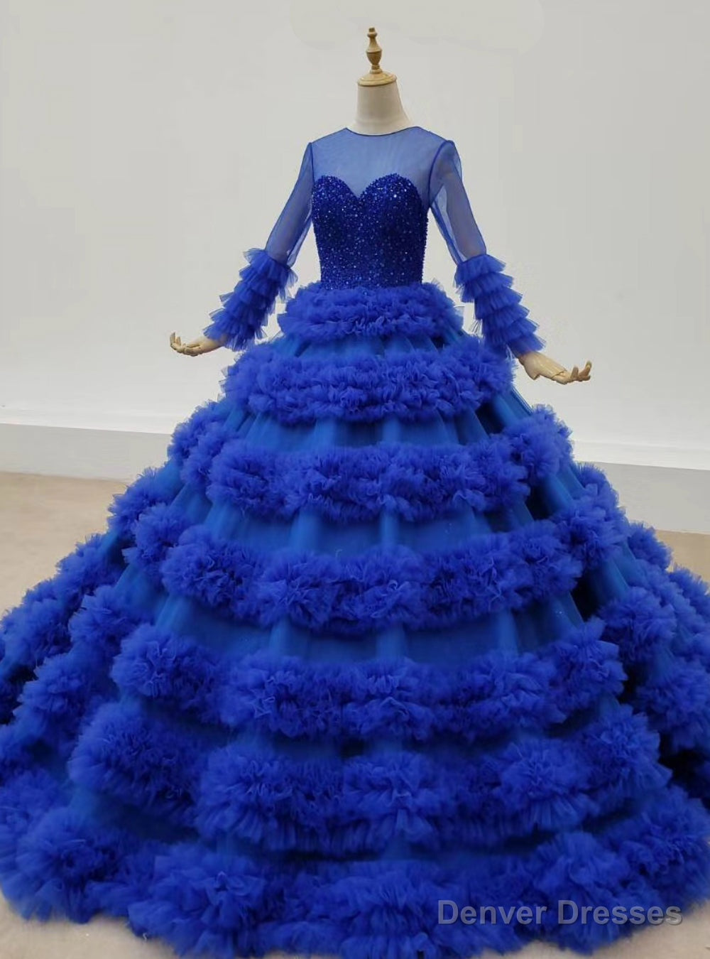 Roayl Blue Ball Gown Tulle Long Sleeve Beading Prom Dress Main image