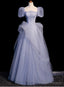 Romance Blue Tulle Sequins Puff Sleeve Beading Prom Dress