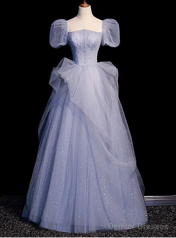 Romance Blue Tulle Sequins Puff Sleeve Beading Prom Dress