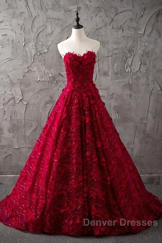 Romantic Burgundy Lace Embroidery Sweetheart Wedding Dress Princess