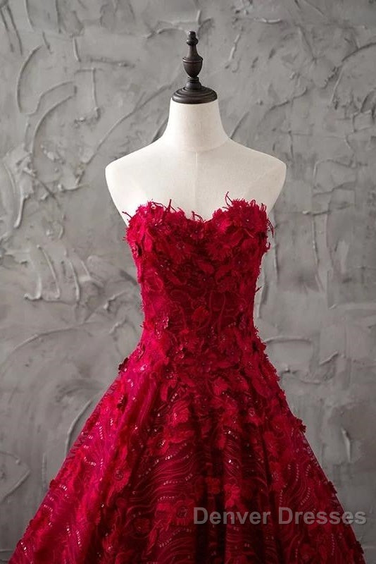 Romantic Burgundy Lace Embroidery Sweetheart Wedding Dress Princess