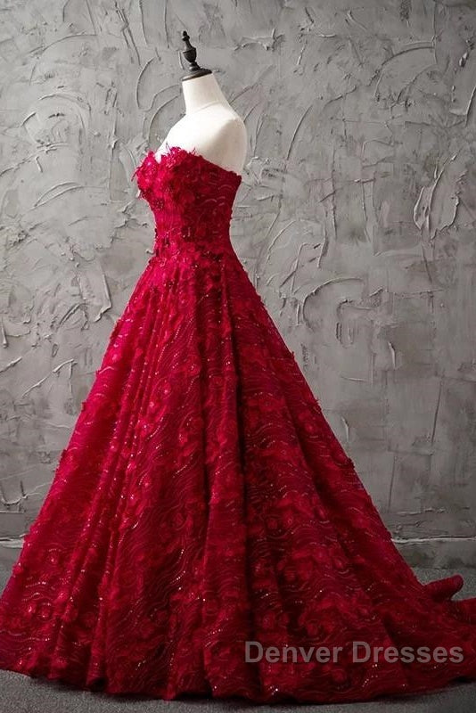 Romantic Burgundy Lace Embroidery Sweetheart Wedding Dress Princess