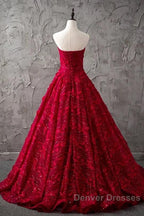 Romantic Burgundy Lace Embroidery Sweetheart Wedding Dress Princess
