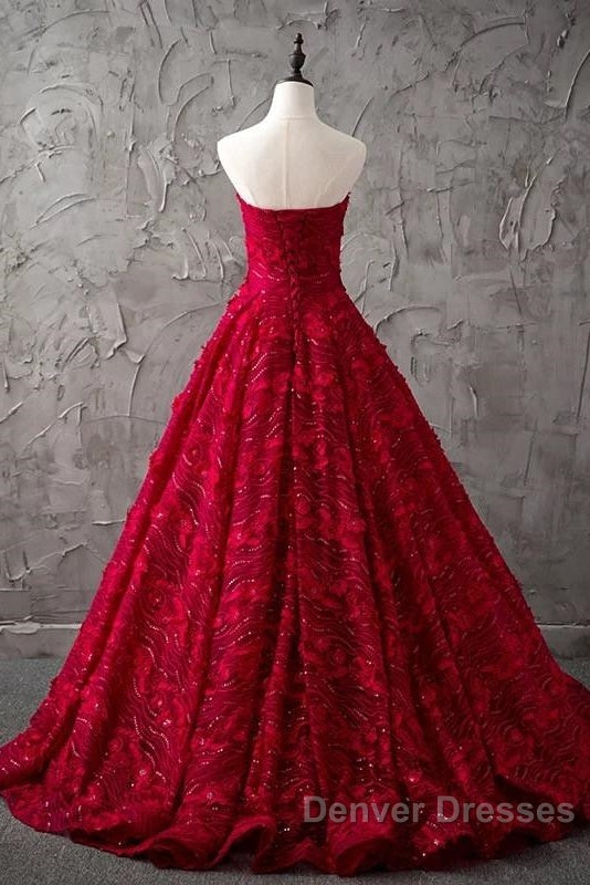 Romantic Burgundy Lace Embroidery Sweetheart Wedding Dress Princess