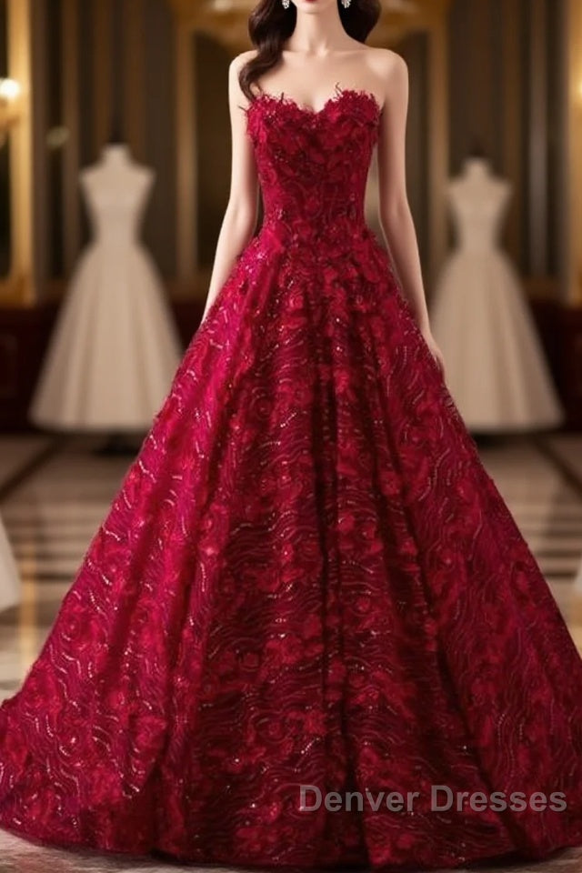 Romantic Burgundy Lace Embroidery Sweetheart Wedding Dress Princess Main image