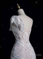 Romantic High Low One Shoulder Lace White Long Wedding Dress