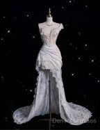 Romantic High Low One Shoulder Lace White Long Wedding Dress