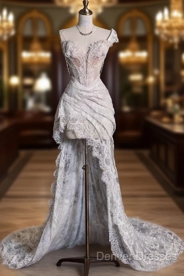 Romantic High Low One Shoulder Lace White Long Wedding Dress