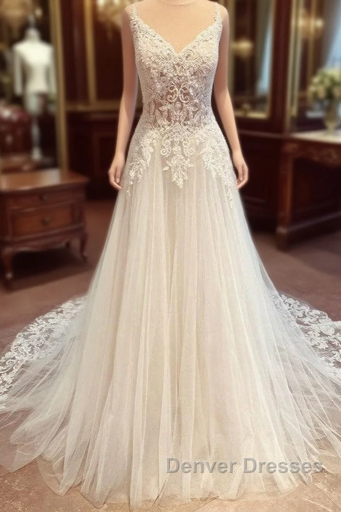 Romantic Long A-Line Spaghetti Straps Appliques Lace Backless Wedding Dress Main image