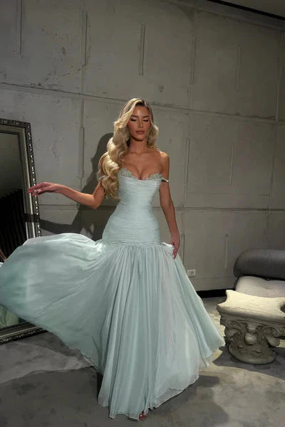 Romantic Off-The-Shoulder Chiffon Sleeveless Prom Dress Beads Pleats With Zipper Main image