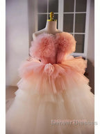 Romantic Pink Tulle Ball Gown Ombre Tiers Prom Dress
