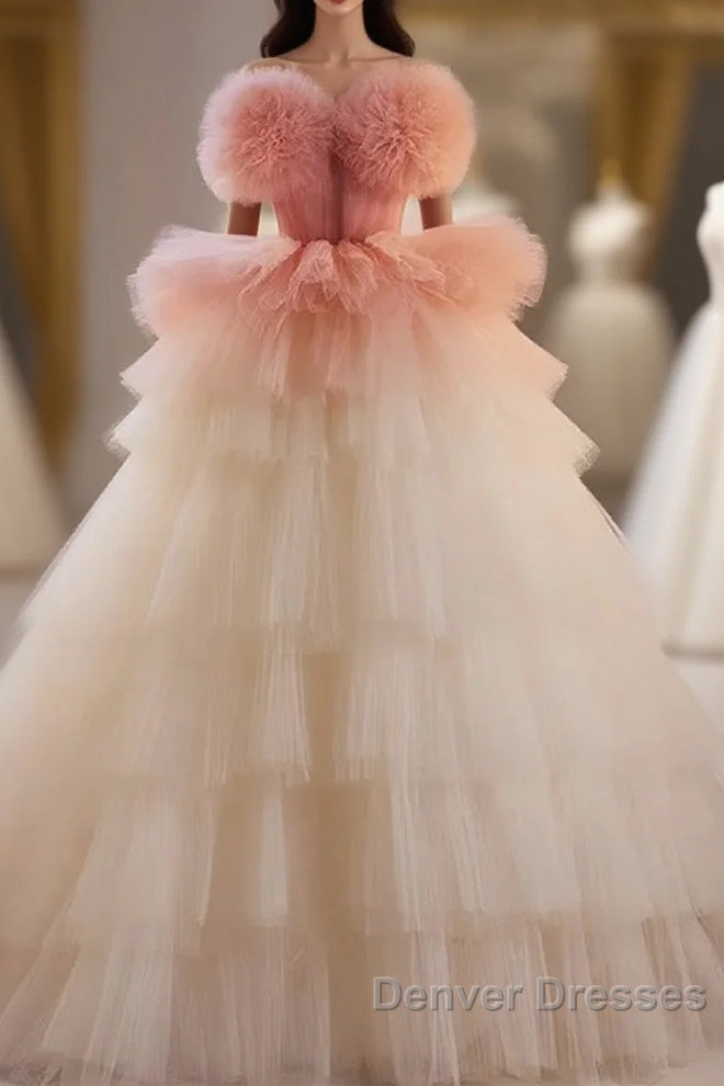 Romantic Pink Tulle Ball Gown Ombre Tiers Prom Dress