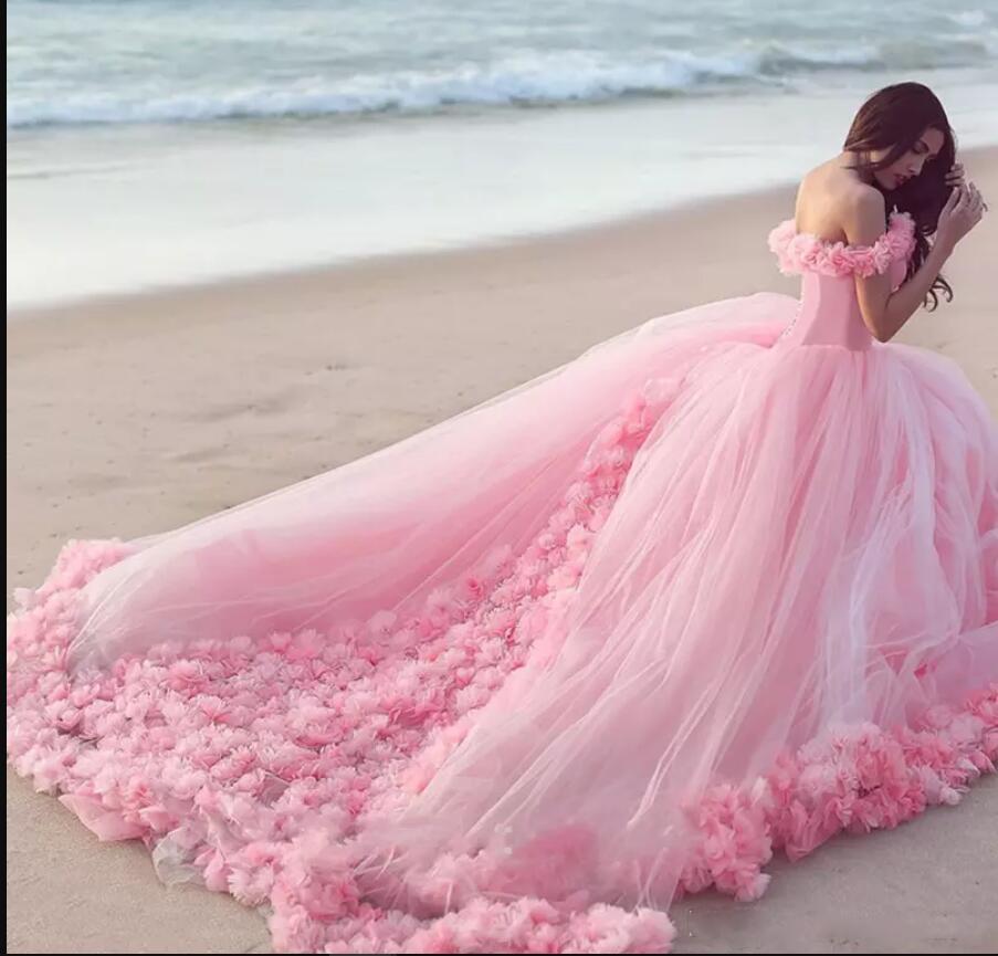 Romantic Poofy Pink Floral Wedding Dress Off The Shoulder Ball Gown Quinceanera Dress