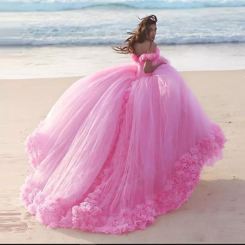 Romantic Poofy Pink Floral Wedding Dress Off The Shoulder Ball Gown Quinceanera Dress
