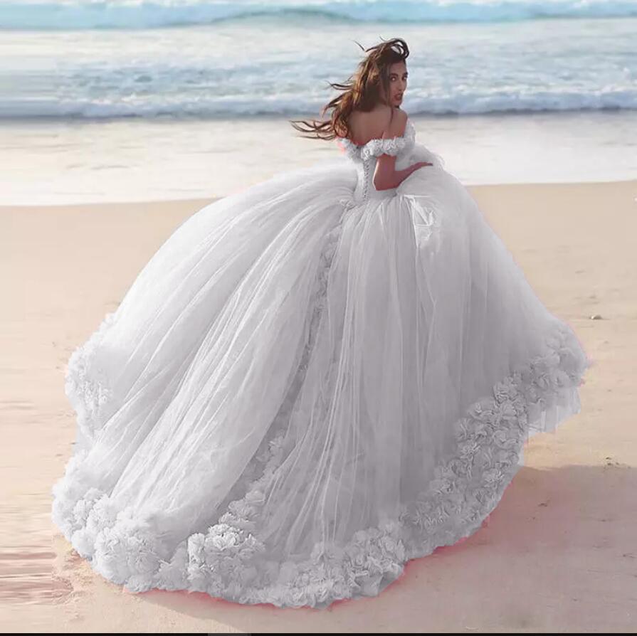 Romantic Poofy Pink Floral Wedding Dress Off The Shoulder Ball Gown Quinceanera Dress