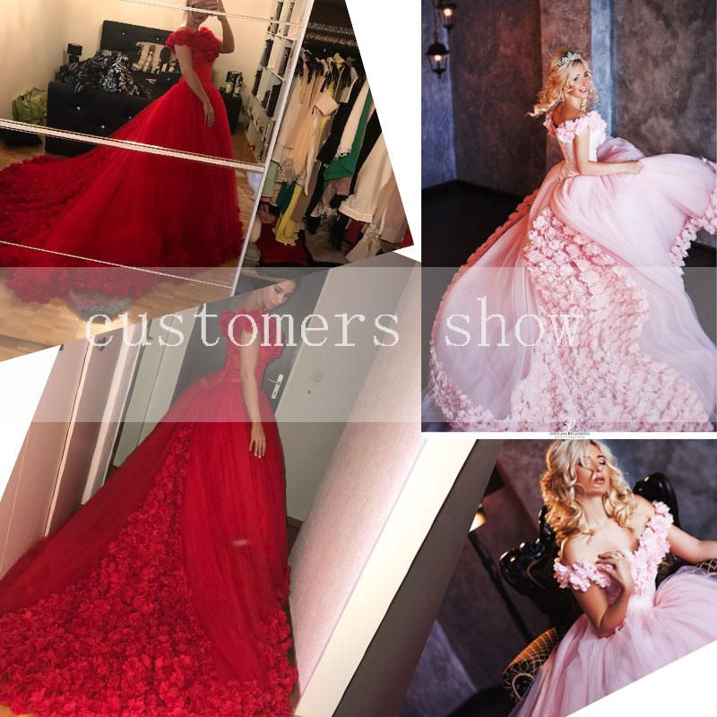 Romantic Poofy Pink Floral Wedding Dress Off The Shoulder Ball Gown Quinceanera Dress