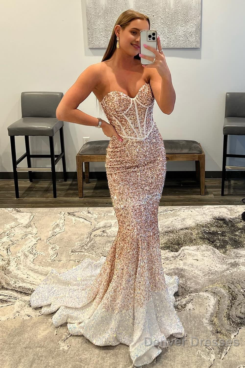 Rose Gold Sparkly Sequins Mermaid Long Prom Dress Main image