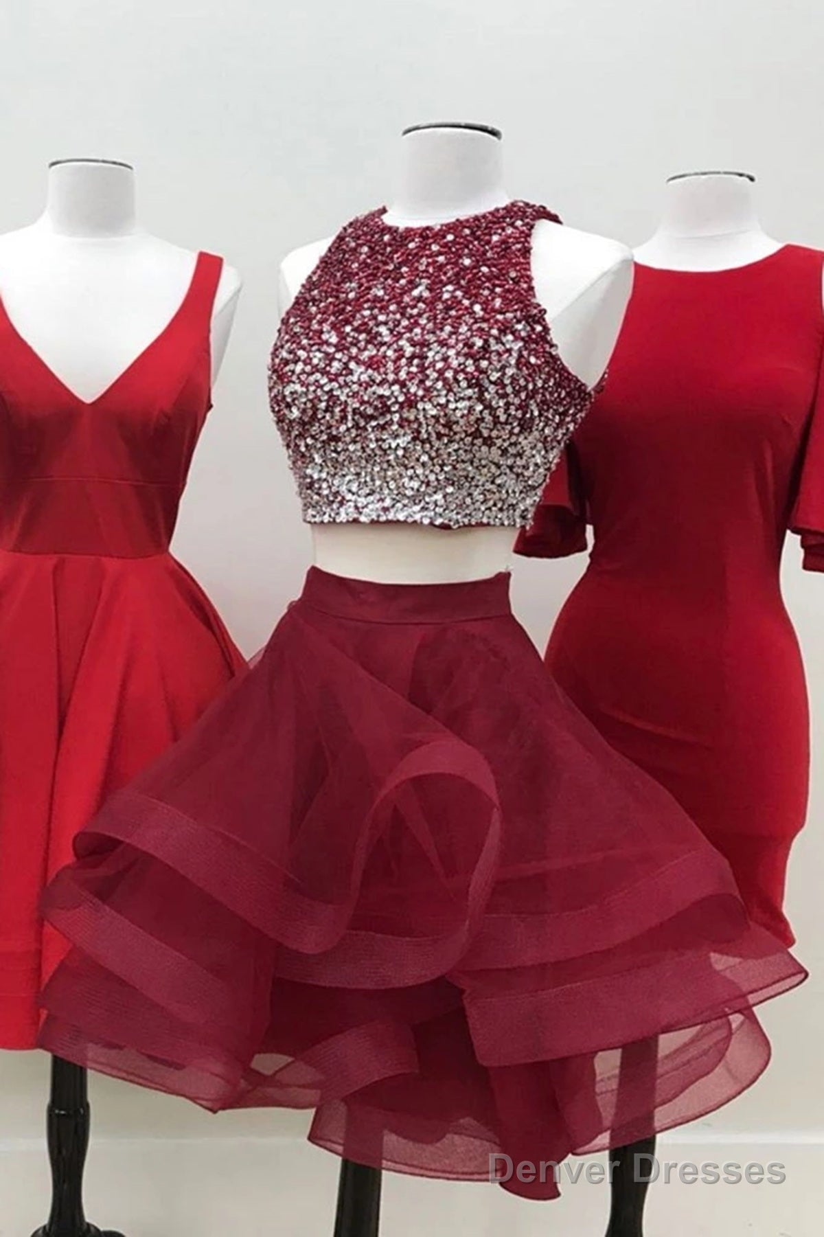 Round Neck 2 Pieces Short Burgundy Beaded Prom Dress, Two Pieces Short Burgundy Formal Homecoming Dresses Secondary image