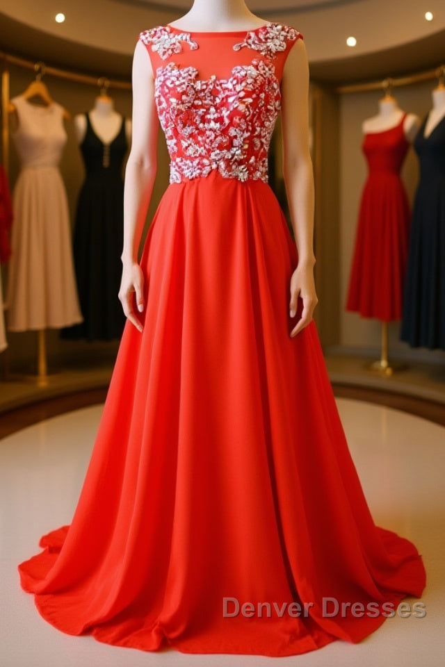 Round Neck Beaded Red Prom Dress, Red Formal Dress, Red Evening Dress Main image
