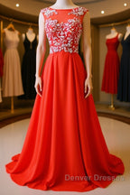Round Neck Beaded Red Prom Dress, Red Formal Dress, Red Evening Dress