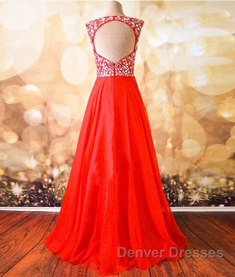 Round Neck Beaded Red Prom Dress, Red Formal Dress, Red Evening Dress