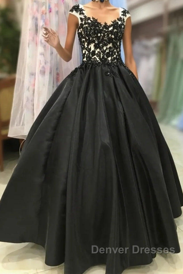 Round Neck Black Lace Floral Long Prom Dress, Black Lace Formal Dress with Appliques, Black Evening Dress Main image