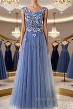 Round Neck Blue Lace Floral Long Prom Dress, Blue Lace Long Formal Evening Dress