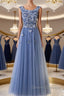 Round Neck Blue Lace Floral Long Prom Dress, Blue Lace Long Formal Evening Dress