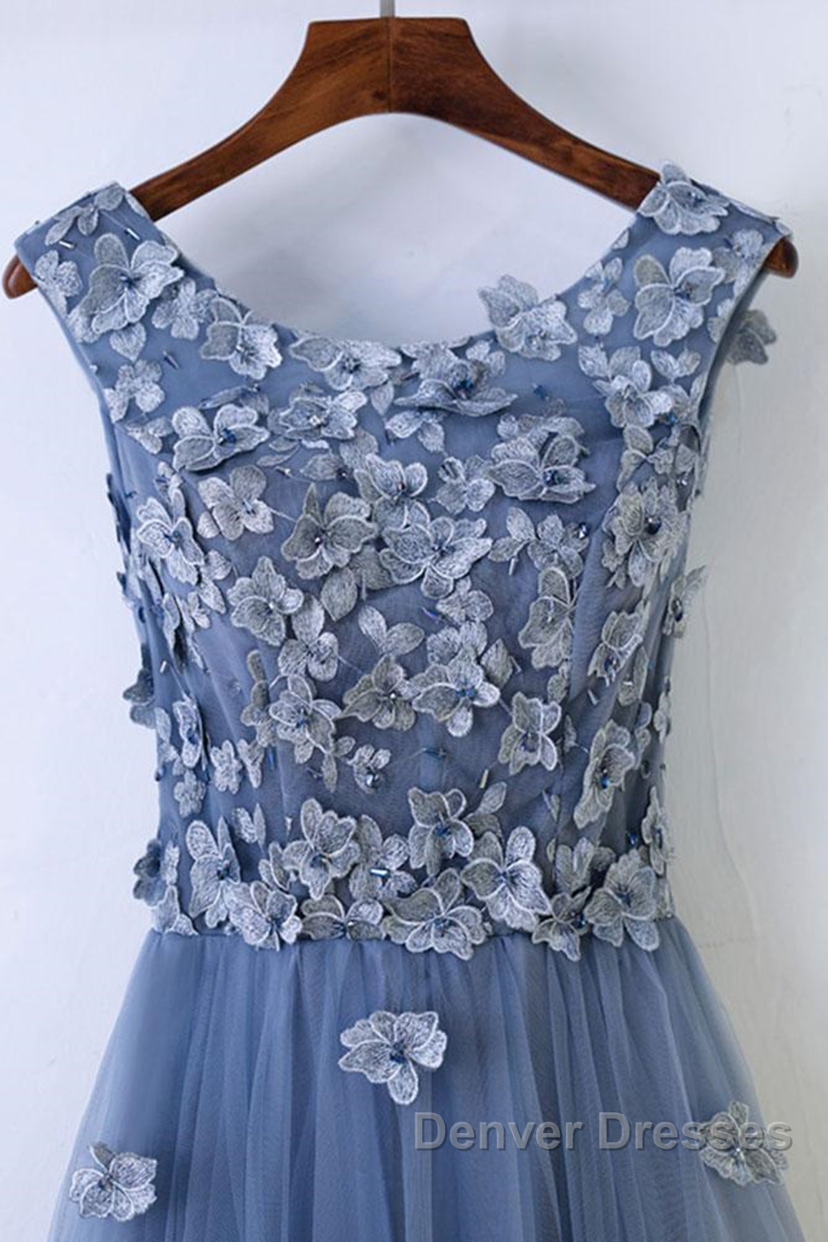 Round Neck Blue Lace Floral Long Prom Dress, Blue Lace Long Formal Evening Dress Secondary image
