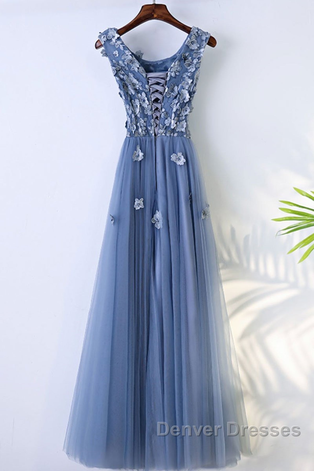 Round Neck Blue Lace Floral Long Prom Dress, Blue Lace Long Formal Evening Dress