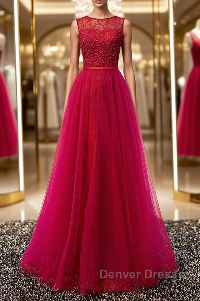 Round Neck Burgundy Beaded Prom Dress, Wine Red Beaded Formal Evening Bridesmaid Dress Main image