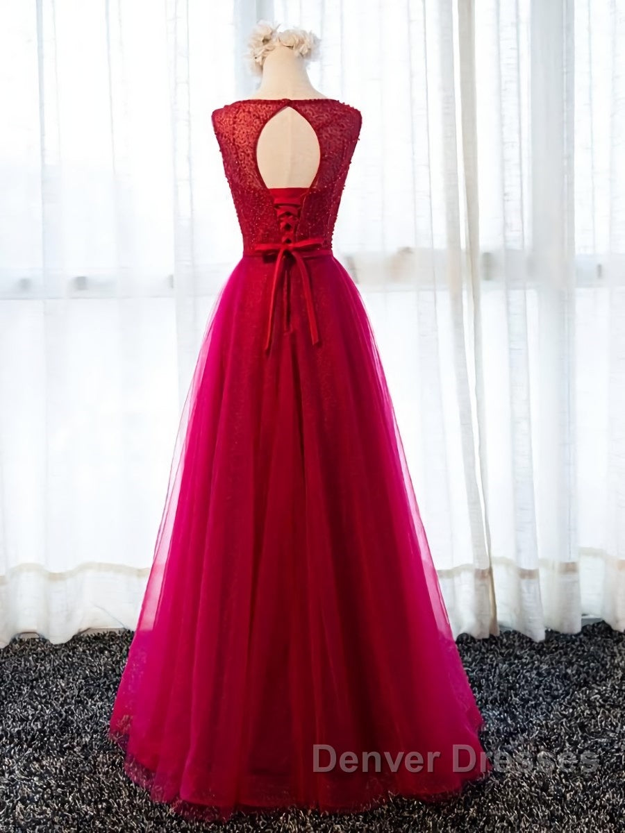 Round Neck Burgundy Beaded Prom Dress, Wine Red Beaded Formal Evening Bridesmaid Dress