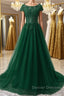 Round Neck Cap Sleeves Lace Long Prom Dress,Tulle Lace Formal Evening Dress