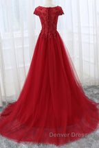 Round Neck Cap Sleeves Lace Long Prom Dress,Tulle Lace Formal Evening Dress