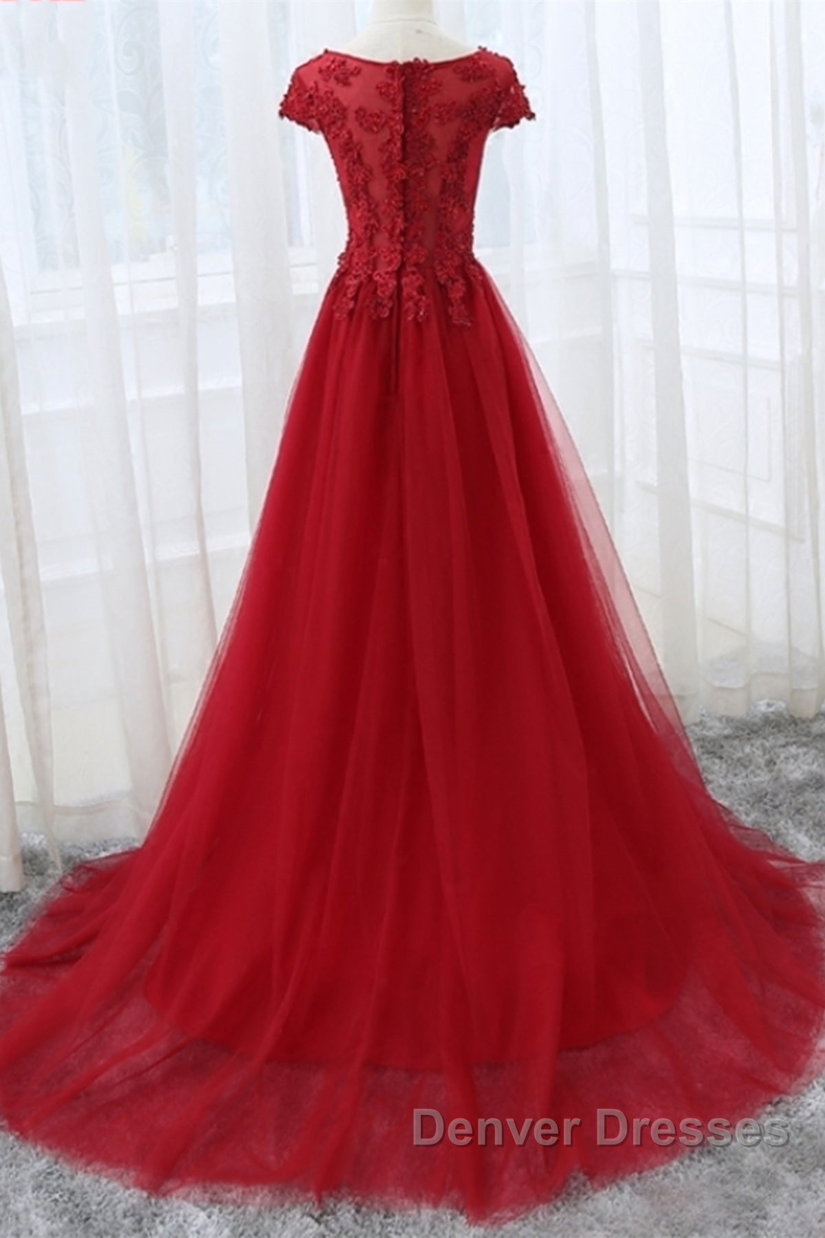 Round Neck Cap Sleeves Lace Long Prom Dress,Tulle Lace Formal Evening Dress