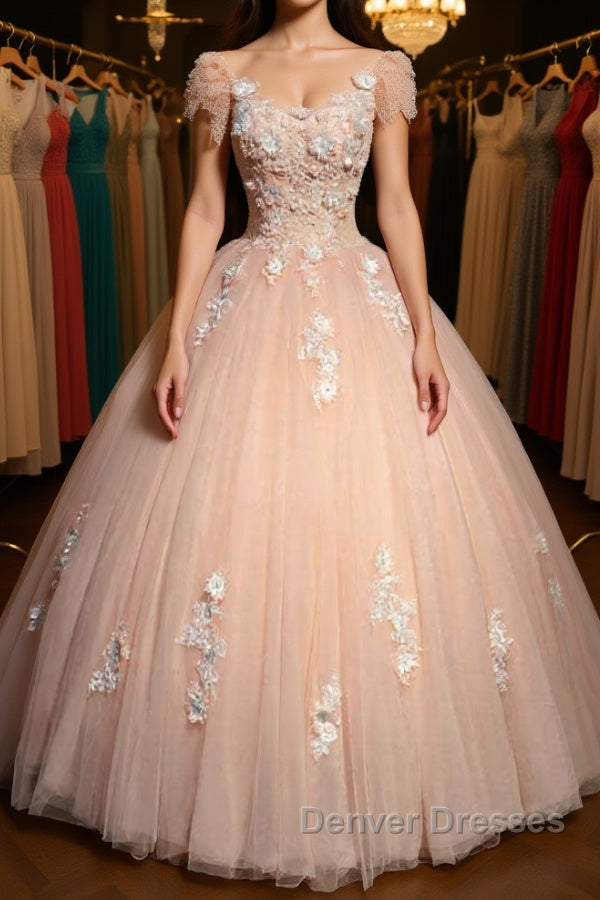 Round Neck Cap Sleeves Lace Pink Long Prom Dress, Pink Lace Formal Dress, Pink Evening Dress, Ball Gown