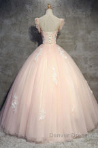 Round Neck Cap Sleeves Lace Pink Long Prom Dress, Pink Lace Formal Dress, Pink Evening Dress, Ball Gown