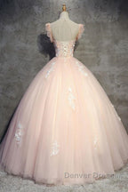 Round Neck Cap Sleeves Lace Pink Long Prom Dress, Pink Lace Formal Dress, Pink Evening Dress, Ball Gown
